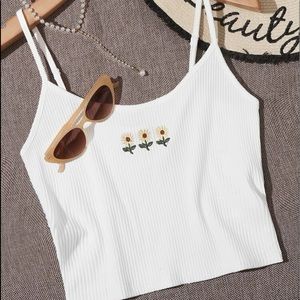 Sunflower embroidered rib knit cami top